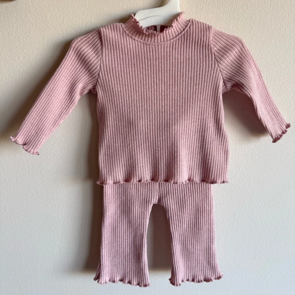 Old Navy 0-3 Months Baby Girl Ribbed Pink Flared Pants Outfit 2PC Set